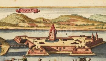 Tokaj rézmetszetű színezett látképe. Fent középen szószalagon : Tockay. A kép előterében törökök kor...