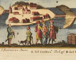 Tokaj rézmetszetű színezett látképe. Fent középen szószalagon : Tockay. A kép előterében törökök kor...