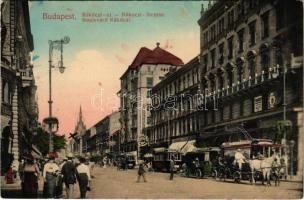 1912 Budapest VIII. Rákóczi út a Hotel Palace szállodával, üzletek, villamos megállóhely, automobil, hintó (fl)