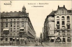 1914 Budapest IX. Boráros tér a Lónyai utcával, villamos, Első Magyar Általános Biztosító Társaság, üzletek