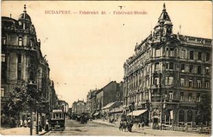 1913 Budapest XI. Fehérvári út (ma Bartók Béla út), villamos a Gellért térnél, Gellért kávéház, Gebauer József üzlete, Egyesült Budapesti Fővárosi Takarékpénztár (fl)