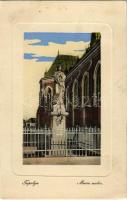 1913 Topolya, Bácstopolya, Backa Topola; Mária szobor a templom mellett. W.L. Bp. 4185. Riesz Béla kiadása / statue with church