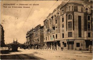 1923 Budapest XI. Fehérvári út (ma Bartók Béla út), Budai Takarékpénztár, villamos, Ferenc József híd, üzlet, drogéria. Fellner Mór kiadása (EK)