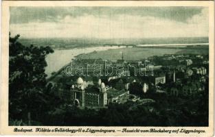 Budapest XI. Kilátás a Gellérthegyről a Lágymányosra, Gellért szálloda és gyógyfürdő, a Lágymányosi-tó még feltöltetlen (Rb)