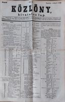 Közlöny. Hivatalos lap. Felelős szerkesztő: Gyurmán Adolf. Megjelenik naponkint. 118. szám. (1848. október 6.) Budapest, 1848. (Nyomatott a m. k. egyetemi nyomdában). [597]-600 p. Folio. Az országgyűlés napi ülésének jegyzőkönyvének leiratával, hadi rendeletekkel, hivatalos (hadi és diplomáciai eseményeket tárgyaló) levelekkel, belföldi és külföldi politikai hírekkel, Jellasics horvát bán és császári táborszernagy tevékenysége kapcsán a nemzetiségi kérdés felvetésével és elutasításával, Jó állapotú kiadvány, a hajtás mentén apró javításokkal.