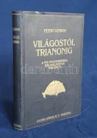 Pethő Sándor: Világostól Trianonig. A mai Magyarország kialakulásának története. Írta Pethő Sándor. A földrajzi részt írta Fodor Ferenc. 45 arcképpel, számos térképpel és ábrával. Budapest, 1925. Enciklopédia Rt. (Hungária Hírlapnyomda Rt.) VIII + 324 + [4] p. Pethő Sándor történész, közíró dolgozata - történésztársa, Szekfű Gyula ,,Három nemzedék&quot; című művéhez hasonlóan - a trianoni országvesztéshez vezető alapvető hibák és irányvesztések megértésére tesz kísérletet. Oldalszámozáson belül számos egész oldalas és szövegközti térképvázlattal, ábrával, grafikonnal és felvétellel. A 247. oldaltól Fodor Ferenc egyetemi tanár gazdaságföldrajzi dolgozata vet számot a trianoni döntés gazdasági következményeivel. A mű első kiadása szintén 1925-ben jelent meg, példányunk a második kiadásból származik. Nem kimondottan szovjetbarát álláspontja kivívta a cenzorok haragját: a mű szerepel az Ideiglenes Nemzeti Kormány által 1945-ben betiltott könyvek jegyzékén. Aranyozott, festett, vaknyomásos kiadói egészvászon kötésben (Gottermayer Nándor, Budapest), az első kötéstáblán apró sérüléssel. Jó példány.