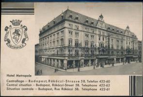 Budapest Hotel Metropole Café Restaurant kétoldalas reklámkártya, 13,5×9 cm