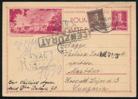 1943 Ajánlott cenzúrázott díjkiegészített díjjegyes levelezőlap Mezőtúrra