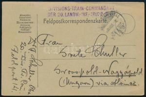 1915 Tábori posta levelezőlap DIVISIONS - TRAIN - COMMANDANT DER 20. LANDW.-INF.-TRUPP