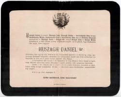 1891 Huszágh Dániel (1813-1891) földbirtokos, ügyvéd, volt 1848-49-iki országgyűlési képviselő, a zólyomi ág. evang. egyházmegye egykori főfelügyelőjének halálozási értesítője, hajtott, kis szakadással.