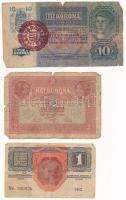 1915. 10K piros MAGYARORSZÁG körbélyegzővel + 1916. 1K + 1917. 2K mindhárom bankjegyen KÖMLŐ postai bélyegzők, 1922. április 13-i dátummal T:VG,G