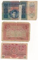 1915. 10K piros "MAGYARORSZÁG" körbélyegzővel + 1916. 1K + 1917. 2K mindhárom bankjegyen &...