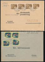 1945 (2. díjszabás) 2 db kézbesítési bizonyítvány nyomtatvány és levelezőlap tarifahelyes bérmentesítéssel, 4 bélyeges, többes díjazással