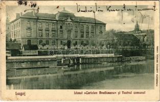 Lugos, Lugoj; Liceul Coriolan Brediceanu si Teatrul comunal / iskola és színház / school and theatre (EK)