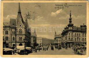 1909 Kolozsvár, Cluj; Széchenyi tér, piac, gyógyszertár, Gergely János, Wertheimer üzlete / square, market, shops, pharmacy