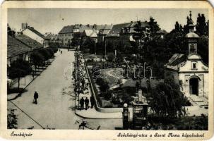 1942 Érsekújvár, Nové Zámky; Széchenyi utca, Szent Anna kápolna, benzinkút / street, chapel, gas station (EM)