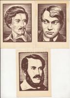 3 db RÉGI magyar motívum képeslap: fametszetek Gönczitől (Petőfi, Kossuth, Ady) / 3 pre-1945 Hungarian motive postcards: woodcuts of Hungarian famous people, signed by Gönczi