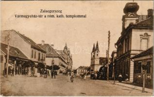 Zalaegerszeg, Vármegyeház tér a római katolikus templommal, üzletek. Fülöp nyomda kiadása