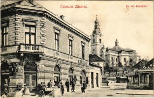 Zilah, Zalau; Református templom, Duna biztosító főügynöksége, Stern R., Materny János és Székely Miklós üzlete. Szilágyi J. kiadása / Calvinist church, insurance company, shops