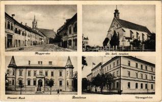 Beszterce, Bistritz, Bistrita; Nemzeti bank, vármegyeház, Magyar utca, üzletek, görög katolikus templom / bank, country hall, street, church (fl)