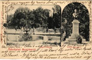 1901 Buziás, Liget részlet, Trefort szobor. Kossak J. kiadása / park, monument