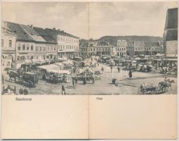 Beszterce, Bistritz, Bistrita; Fő tér, piac, Lebküchner, Johann Lutsch, C.W. Knopp, Binder és Kollmann és Keresztes üzlete. Két részes kihajtható panorámalap. Bartha Mária kiadása / main square, market, shops. 2-tiled folding panoramcard (hajtásnál szakadt / bent till broken)