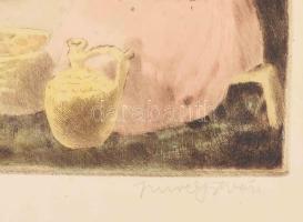 Imre István (1918-1983): Szőlőhegyen. Színezett rézkarc, papír. Jelzett. Lapszéli néhány kevés apró ...