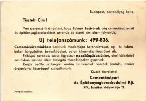 1943 Cementáruipari és Építőanyagkereskedelmi Kft. reklámja. Budapest XIV. Erzsébet királyné útja 72...