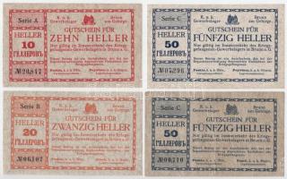 Ausztria / Brunn am Gebirge hadifogolytábor ~1914-1918. 10h - 5K (11xklf) perforációval és anélkül, egyik hátlapján bélyegzéssel T:UNC-F / Austria / Brunn am Gebirge POW camp ~1914-1918. 10 Heller - 5 Kronen (11xdiff), with and without perforation, one with cancellation on the back C:UNC-F