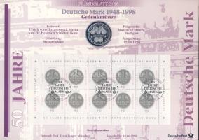 Németország 1998. 10M Ag "50 éves a Német Márka" + 10M Ag "300 éves a Frank Alapítvány" nagyalakú emléklapokon egy-egy bélyeg-kisívvel, elsőnapi bélyegzőkkel, ismertetővel T:BU