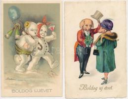 2 db régi újévi üdvözlőlap malacokkal és hóemberekkel / 2 pre-1945 New Year greeting art postcards with pigs and snowmen