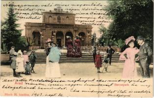 1903 Arad, Baross park és kioszk. Bloch H. montázs / park and kiosk, montage