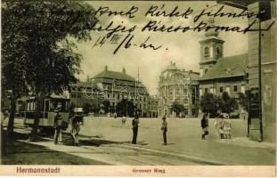 1914 Nagyszeben, Hermannstadt, Sibiu; Grosser Ring / Nagy piac, villamos, Brázay reklámposzter a falon. Jos. Drotleff, G.A. Seraphin / market square, tram, advertising posters on the wall