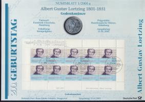Németország 2001. 10M Ag "Albert Gustav Lortzing" nagyalakú emléklapon bélyeg-kisívvel, el...
