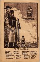 Temesvár, Timisoara; Magyar, német, román (oláh) és szerb nemzetiségek népesség aránya. Címer, Magyar Nemzeti Szövetség kiadása, Grund V. utódai / Percentage of Hungarian, German, Romanian and Serbian population. Irredenta art postcad with coat of arms s: Pólya (EB)