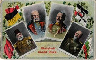 1916 Enigkeit macht stark / WWI Central Powers military propaganda with Mehmed V, Ferdinand I of Bulgaria, Wilhelm II, Franz Joseph I of Austria and flags (ragasztónyom / glue marks)