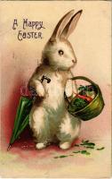1909 A Happy Easter Easter greeting art postcard, rabbit with umbrella. Emb. litho (EK)