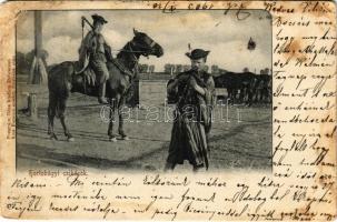 1903 Hortobágy, Csikósok a kútnál, magyar folklór. Kiss Ferenc felvételet. Pongrácz Géza kiadása (fl)