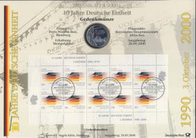 Németország 2000. 10M Ag "10 éves a német egység" + 10M Ag "Johann Sebastian Bach" nagyalakú emlékíveken egy-egy bélyeg-kisívvel, elsőnapi bélyegzésekkel, ismertetővel T:BU