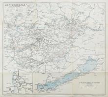 cca 1940 Magyarország vasúti térképe a visszatért felvidéki és kárpotéaljai területekkel, a hivatalos menetrendkönyv melléklete, Balatoni vasúti és hajózási térképpel, 1:1,200.000, valamint Budapest pályaudvarainak vázlatos térképével, tervezte Tallián Ferenc, a hátoldalán a MÁVAUT autobusz-vonalak átnézeti térképével, 1:1,200.000, kiadja: Bp., Magyar Földrajzi Intézet Rt., hajtott, 51x56 cm