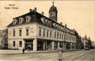 1908 Dresden, Weisser Hirsch (Weißer Hirsch); Kurort, Kurhaus, Hotel, Pension, Restaurant, Deutsche Bank Filiale Dresden / spa, hotel and restaurant, bank, tram (EK)
