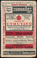 1937 Vasuti utmutató. 56. évf. 399. sz. Szerk. és kiadó: Komlósi és Kiscsöpényi Komlóssy Vilmos. Egypengős vasúti útmutató nyári kiadás. hn., 1934, Komlóssy Vilmos, VIII+232 p. Vasúti menetrend és útmutató. Korabeli reklámokkal. Kiadói papírkötés, hiányzó hátsó borítóval, kopott borítóval.