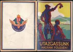 Utazgassunk hazánk földjén! Bp., 1931, M. Kir. Államvasutak Igazgatósága,(Stádium-ny.), 64 p. + 1 (kihajtható térképvázlattal) t. Fekete-fehér fotókkal illusztrált. A borítón Gönczi-Gebhardt Tibor (1902-1994) grafikájával a borítón. A hátsó borítón impozáns MÁV címerrel. Benne térképvázlattal. Kiadói papírkötés.