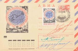 Jevgenyij Hrunov (1933-2000), , Alekszej Jeliszejev (1934- ) és Borisz Volinov (1934- ) szovjet űrhajósok aláírásai emlékborítékon / Signatures of Evgeniy Hrunov (1933-2000), Aleksei Eliseyev (1934- ) and Boris Volinov (1934- ) Soviet astronauts on envelope