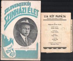 1930 Szlovenszkói Színházi Élet. Felvidéki magyar színházi, irodalmi és művészeti hetilap. VI. évf. 18. sz. Kosice (Kassa), 1930. okt. 4. Kiadói tűzött papírkötés, kissé foltos, sérült borítóval, 20 p. + 1933 Lia két papája c. operett ismertető füzete. Kassa, "Grafika"-ny., 16 p. + néhány vegyes korabeli újságkivágás