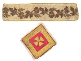 Antik kehelyalátét és kehelytakaró. cca 1900, mintásan letűzött fémfonál díszítéssel, korának megfelelő állapotban, 14x14 cm, 40x9 cm