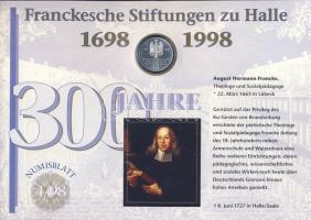 Németország 1998. 10M Ag "300 éves a Frank Alapítvány" nagyalakú emlékíven elsőnapi bélyeg...