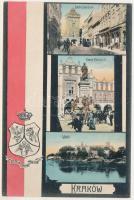 Kraków, Krakkau, Krakkó; Brama Floryanska, Pomnik Mickiewicza, Wawel / gate, monument, castle, tram. Art Nouveau Polish flag and coat of arms