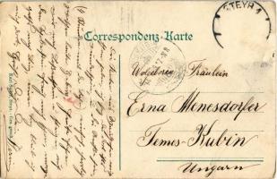 Steyr, Grüsse aus den Bergen / Montage with backpack and hiking children (small tear)