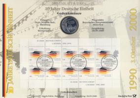 Németország 2000. 10M Ag "10 éves a német egység" nagyalakú emlékíven elsőnapi bélyegzős bélyeg-kisívvel T:BU